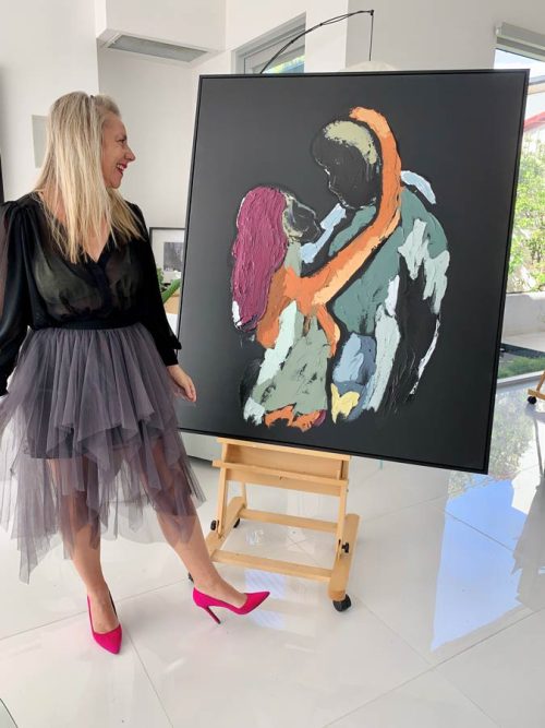 artist sarah jane with body bloom ii painting - figurative couple about to kiss