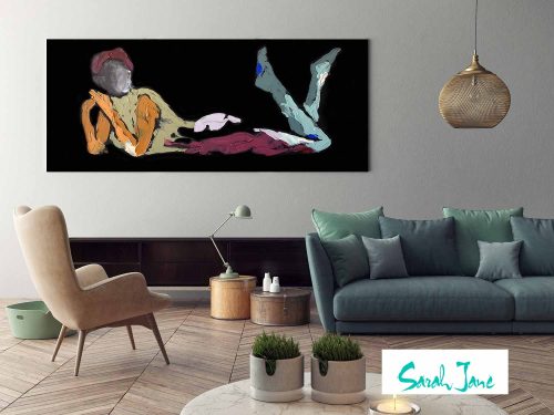 casual living room - captivating woman painting - body bloom xv - sarah jane artist