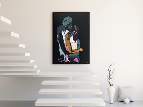 stylish home - designer art on wall - body bloom iii - black canvas painting couple by Sarah Jane Artist